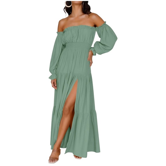 Zesica Dresses & Skirts - Boho Off-Shoulder Long Sleeve A-line Long Maxi Dress - Sz L (US 12-14) Green